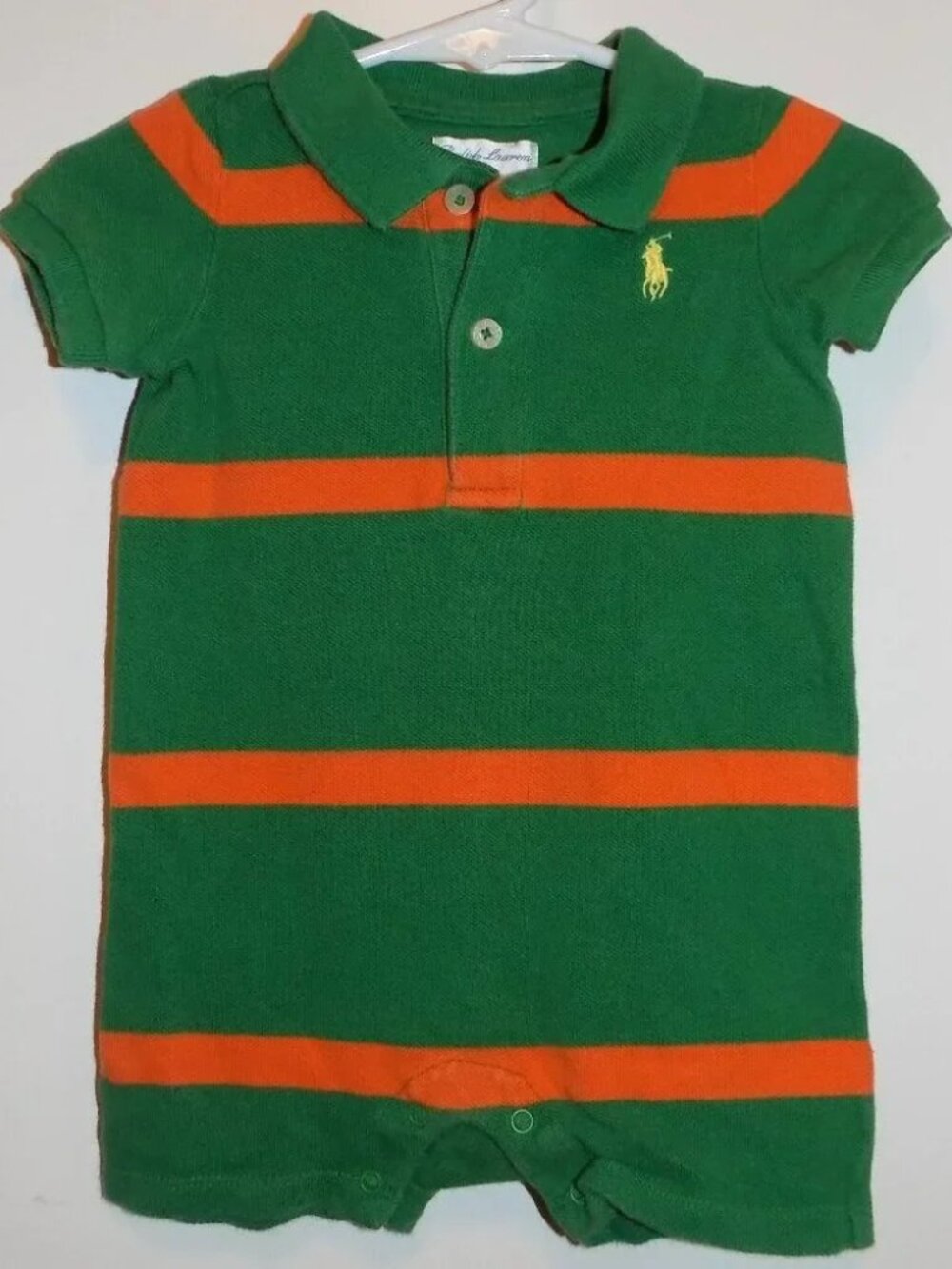 RALPH LAUREN POLO Green & Orange Striped Knit Romper Sz 6M One Piece